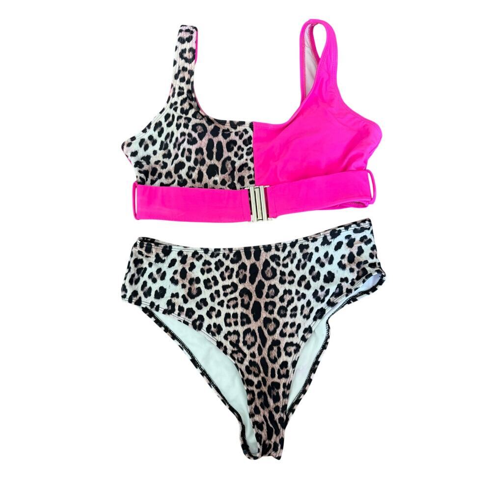 Shein Pink Cheetah Print Two Piece Swimsuit Size Large
